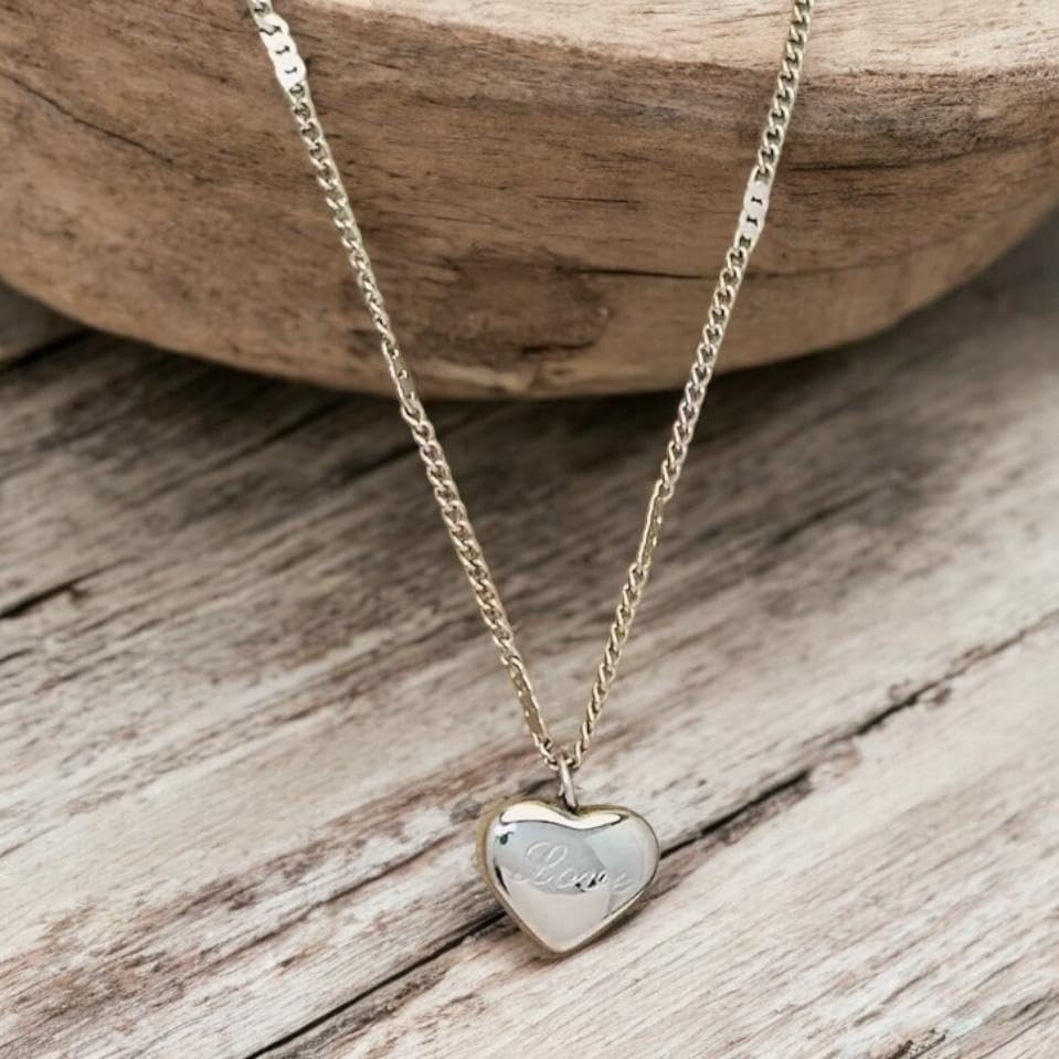 18K gold plated Love engraved heart pendant necklace with 15.5 inch Cuban link chain alternating with flat chain - Image 2