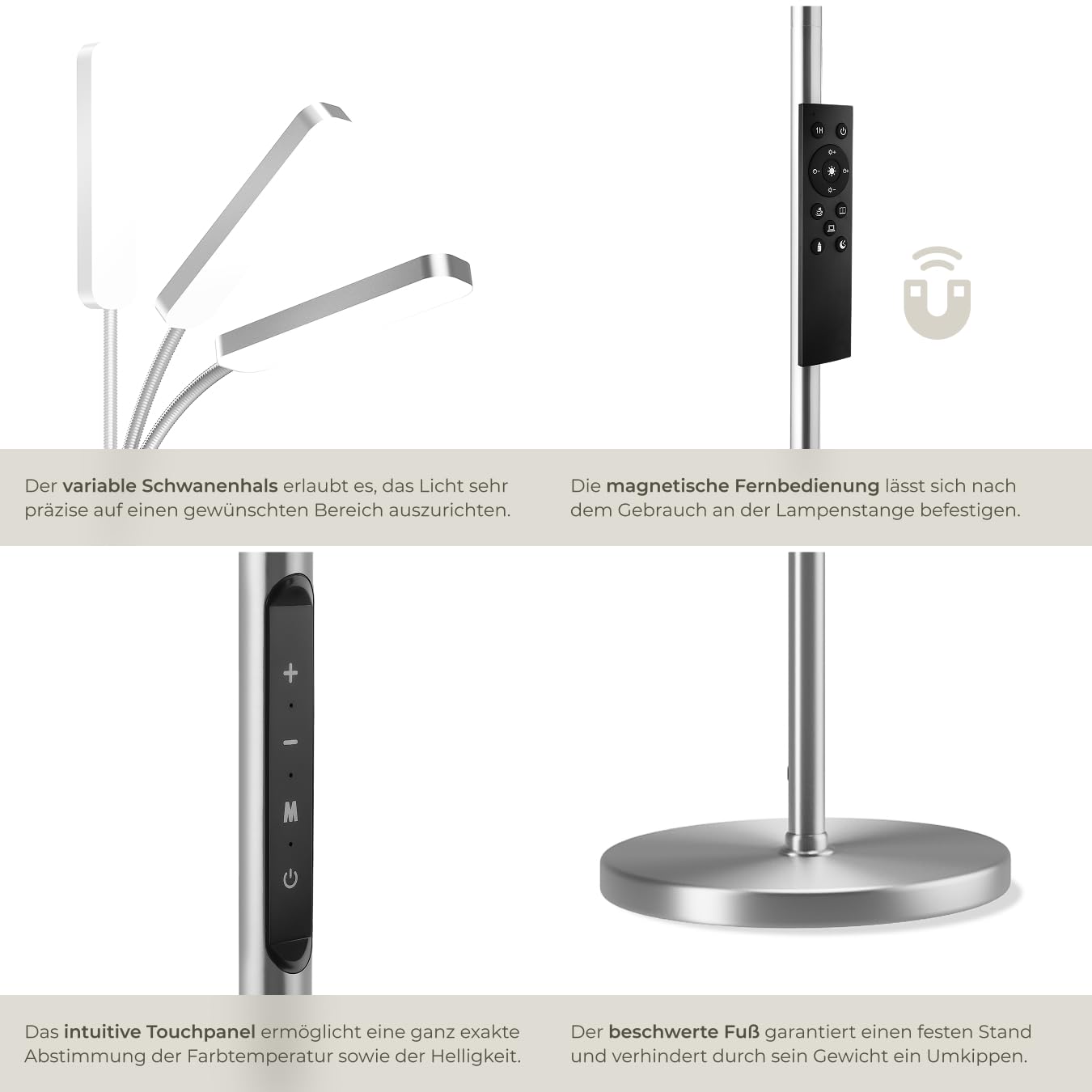 tectake® LED Stehlampe, Schwanenhals Lampe, Standleuchte dimmbar, modern, mit 5 Lichtmodi, Beleuchtung für Wohnzimmer, Kinderzimmer, Bett, als Leselampe oder Schreibtischlampe - silber