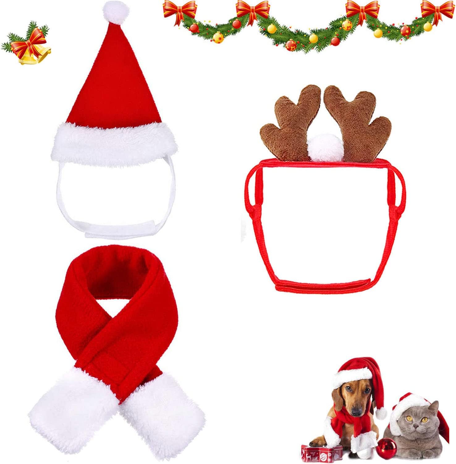 N/W Cat Santa Christmas Hat, Muffler, Elk Antler Reindeer Hat Pack of 3, Dog Santa