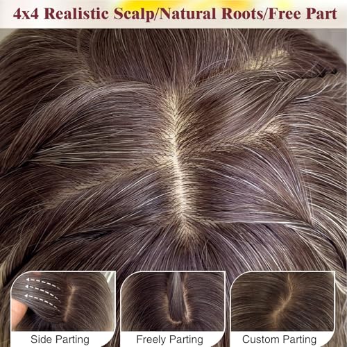 FLORVAE Long Wig with Bangs,4x4 Realistic Scalp Free Parting Wig,26 Inch Ombre Ash Brown Mix Platinum Blonde Layered Wigs for Women Synthetic Heat Resistant for Daily Party Use — view 6