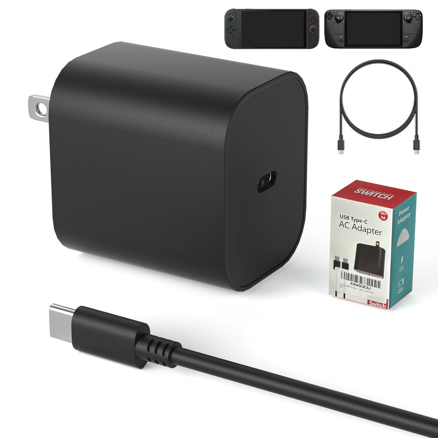 Janboo 60W Charger Compatible for Nintendo Switch 2, 2025 Switch 2 AC Adapter Power Supply, Fast Portable Charging with 6FT USB-C Cord Cable fit for OLED, Lite, Steam Deck, Support 4K TV Mode