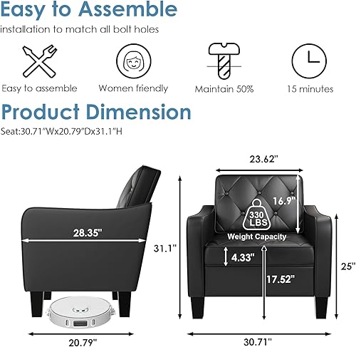 Miniatura 2 de STHOUYN Juego de 2 sillas con brazos para sala de estar, silla decorativa de piel sintética negra, sillas de sala de espera, silla de lectura de