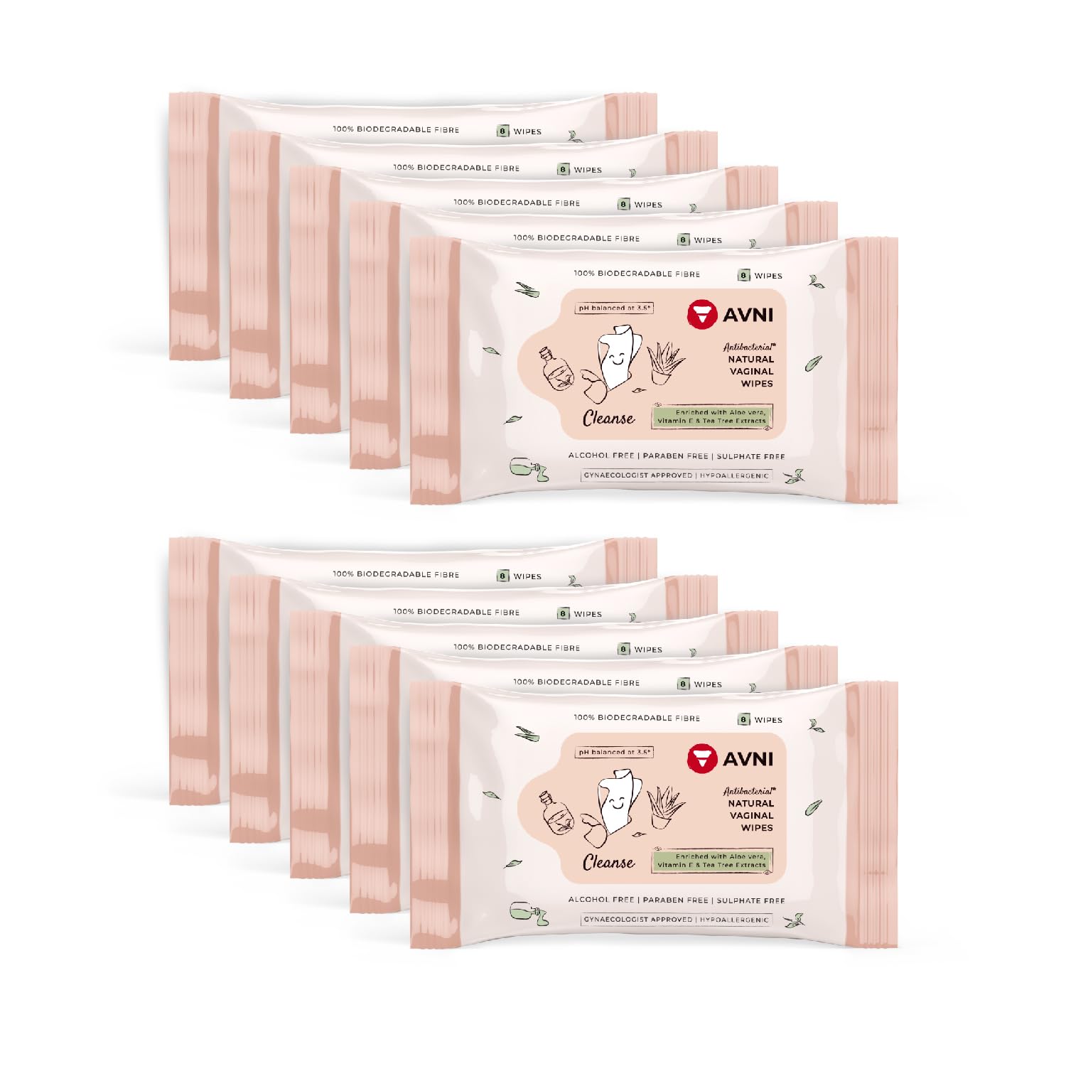 Avni - Intimate Vaginal Wet Wipes | 80 Wipes (10 Packets with 8 wipes each)| 100% Biodegradable & Alcohol-Free | Skin Friendly For Daily Hygiene | Tea Tree Essential Oils & Aloe Vera Extracts