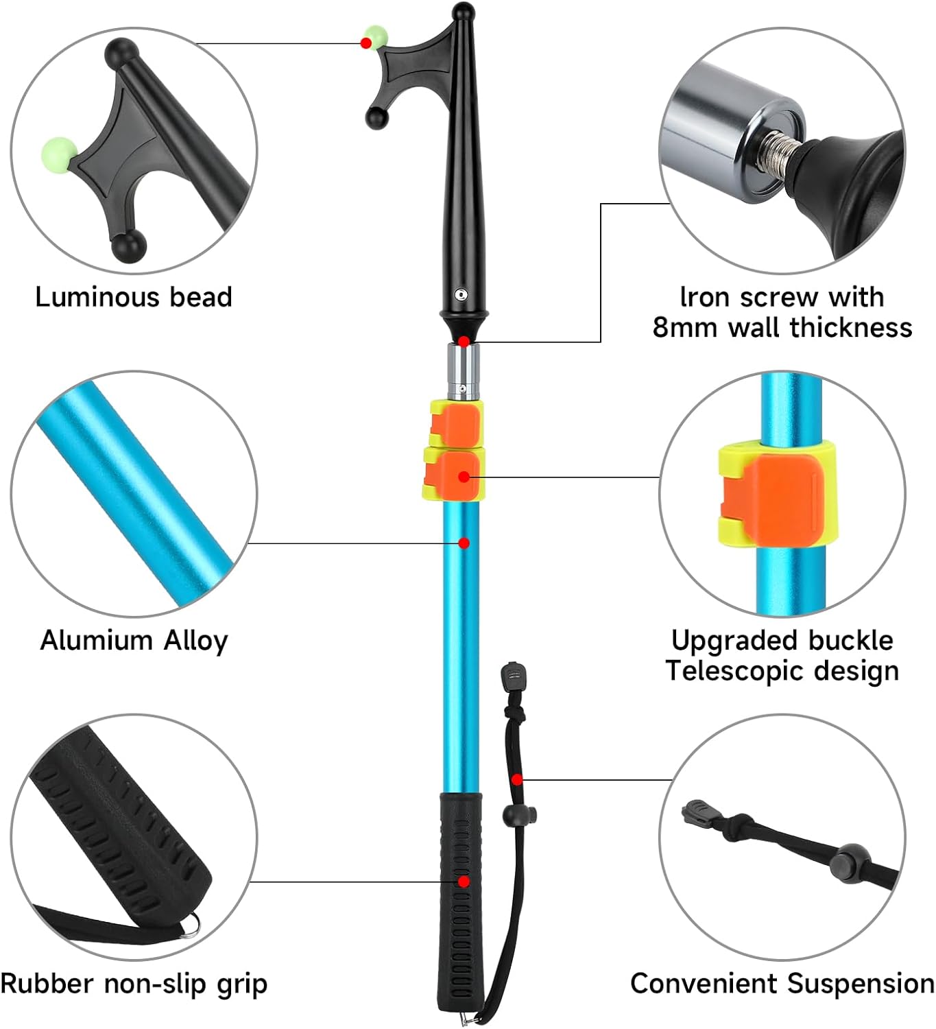 SAN LIKE Boat Hooks for Docking Heavy Duty Telescoping Extension Pole Hook with Luminous Bead, Lightweight Floating, Non-Slip Rubber Handle, Durable & Rust-Resistant
