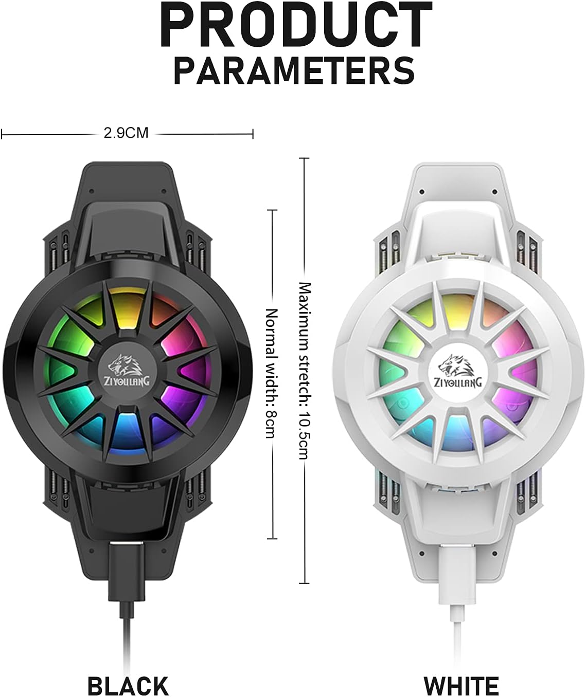 Diagram showing product parameters for both black and white versions of the XINMENG phone cooler, including dimensions.