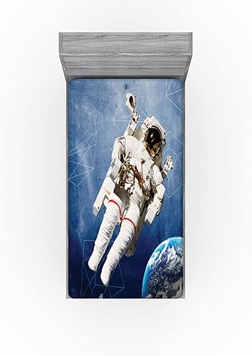 Miniatura 3 de Ambesonne Sábana bajera de galaxia, astronauta grunge y planeta Tierra con estampado geométrico digital de acuarela, ropa de cama de tela decorativa