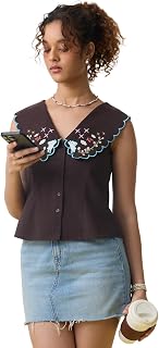 Bunny Women and Girls Sleeveless V Neck Brown Embroidered Cotton Slim Fit Lightweight Breathable All-Season Casual Tops