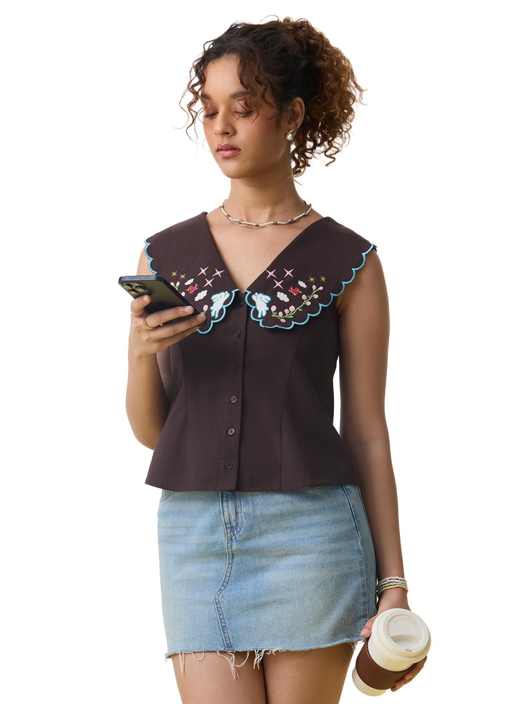 The Souled Store Bunny Women and Girls Sleeveless V Neck Brown Embroidered Cotton Slim Fit Lightweight Breathable All-Season Casual Tops in brown