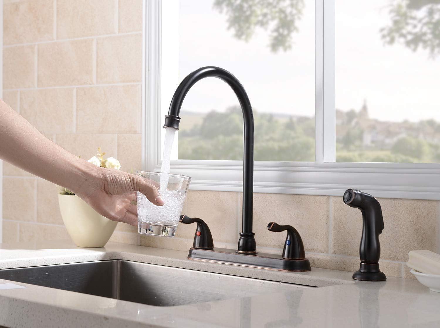Ufaucet Antique Solid Brass 2 Handles High Arch Two Mode Pull Out Sprayer Oil Rubbed Bronze Kitchen Faucet, 4 Hole Kitchen Sink Faucet with Pull Down Side Sprayer
