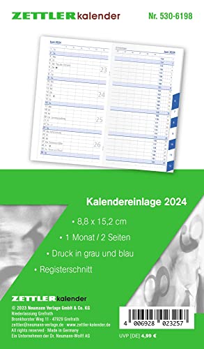 Kalender-Ersatzeinlage 2024 - für den Taschenplaner Typ 530 - 8,8x15,2 cm - 1 Monat auf 2 Seiten - Registerschnitt - separates Adressheft - Notizheft - 530-6198