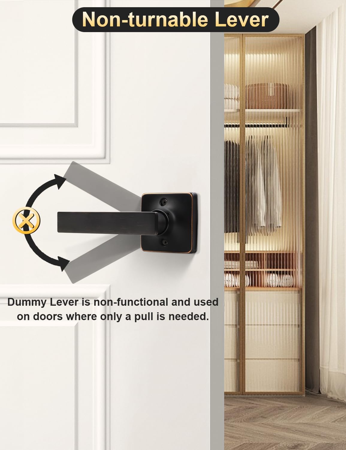 Mengico 4 Pack Oil Rubbed Bronze Half Dummy Door Knobs for Pantry, Door Handles for Closets French Doors, Square Dummy Door Lever, Non-Turning Single Side Pull Only Lever Set