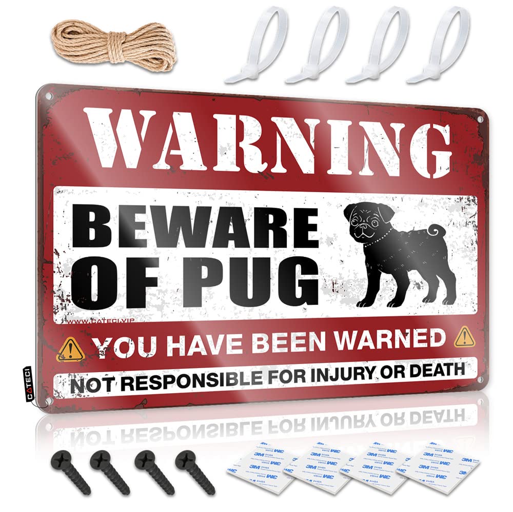 HELIOFORGE Sign For Bedroom Door Beware Of Pug Sign Funny Decor For Bar Tin Metal Bar Signs(20X30CM)