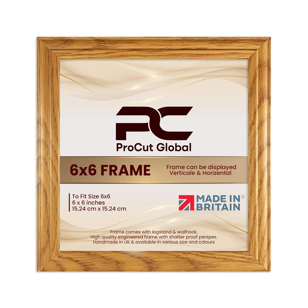 Procut Global 6x6 Oak Picture Frames - Classic Wooden Photo Frame with Shatterproof Perspex for Wall or Tabletop - Perfect for Posters, Certificates & Prints - Sizes & Colors Available