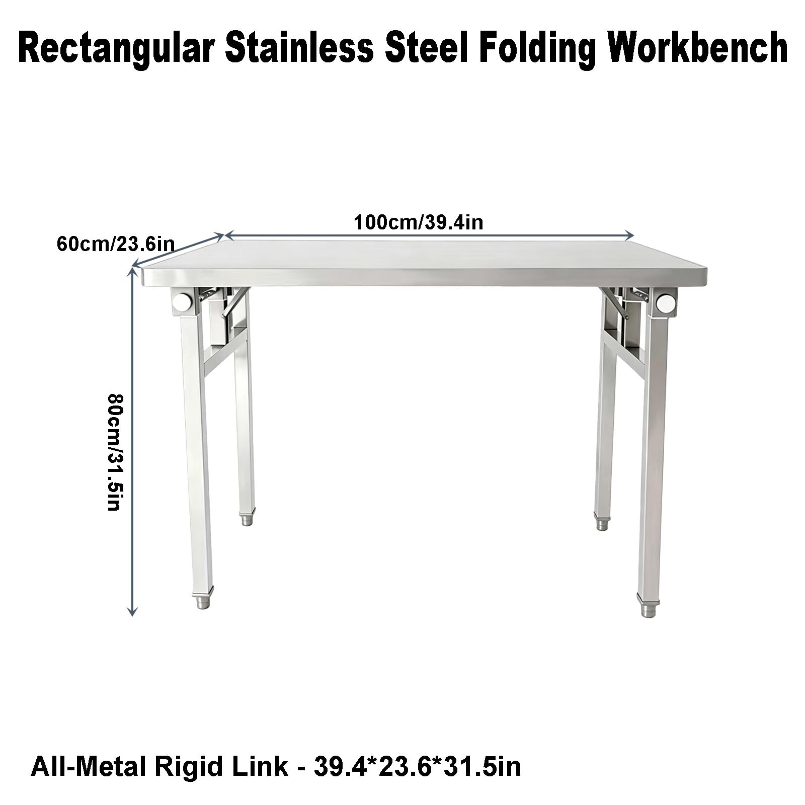 Tavolo da Lavoro Pieghevole Commerciale in Acciaio Inox, Non Richiede Montaggio (Rettangolare 39,4 * 23,6 * 31,5 Pollici)