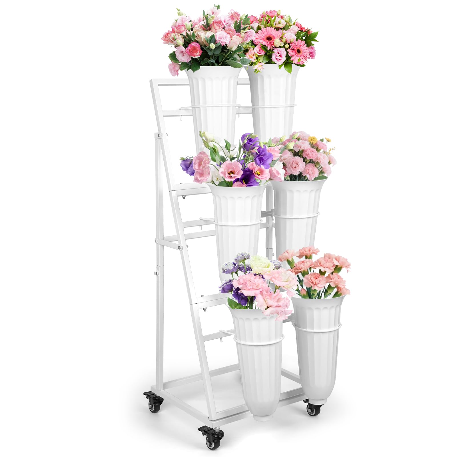 gold…..3ft flower display stand with 6 buckets,metal flower bar stand with wheels,3 layers moving florist bouquet shelf for indoor outdoor garden,flower shop,wedding,party decor (white)