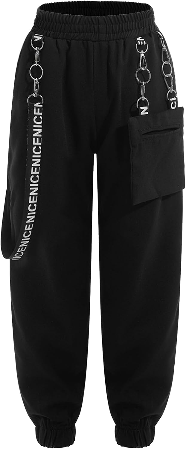 Choomomo Kids Girls Metal Chain Pocket Cargo Pants Hip Hop Jazz Dance Performance Long Trousers