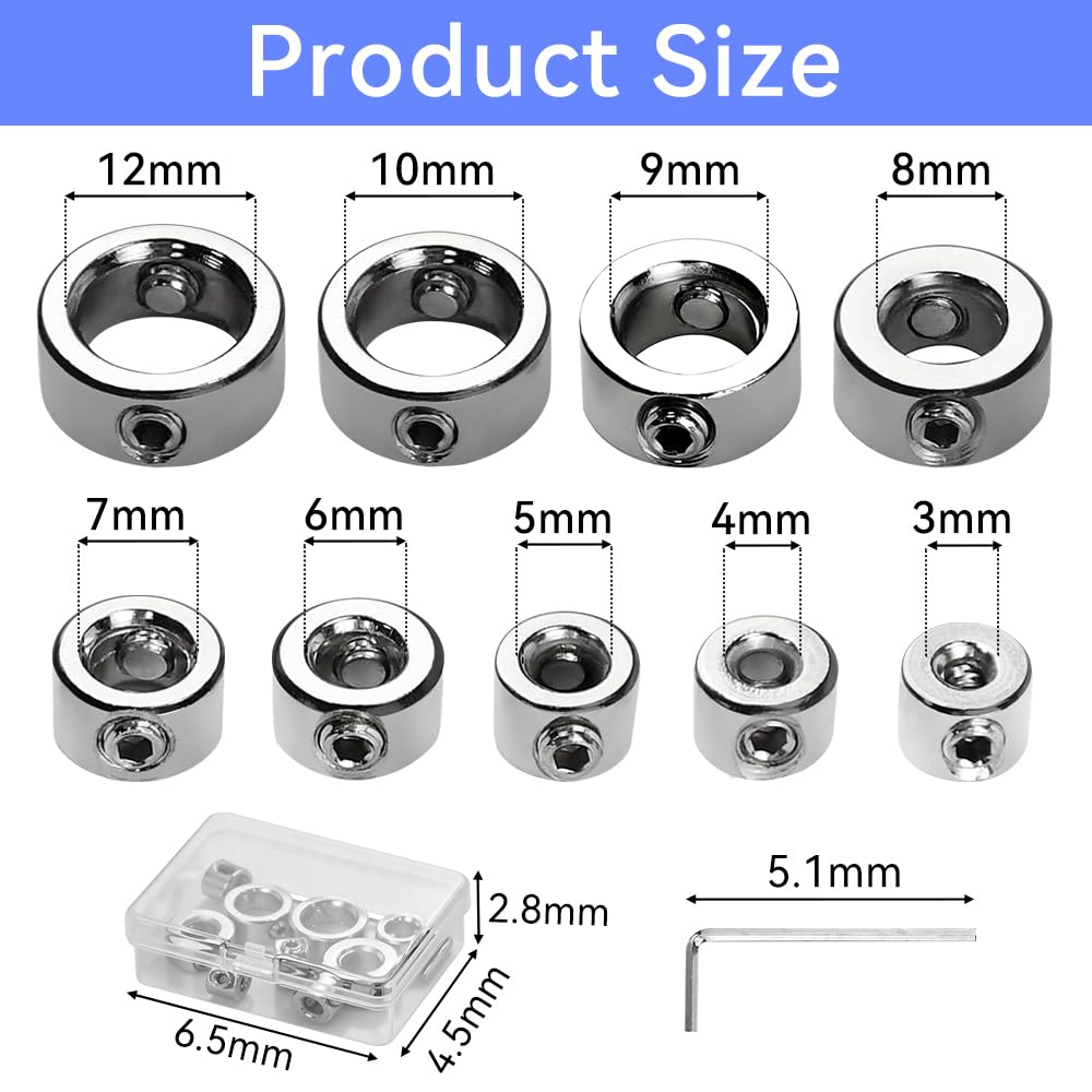 9 Pz Set di Stop di profondità Trapano, Arresti di profondità per Punte da Trapano 3/4/5/6/7/8/9/10/12 mm, Anello Arresto di Posizionatore Limitatore, Collare di Arresto con Chiave Esagonale