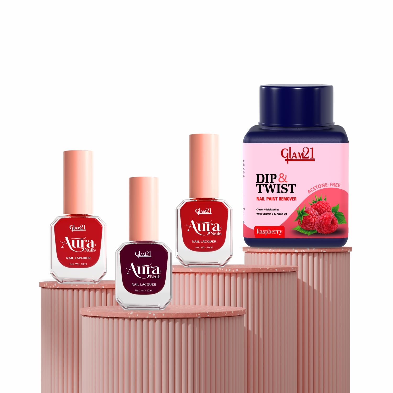 Glam21 Nail Care Combo | Aura Nails Nail Lacquer Pack of 3 + Dip & Twist Nail Polish Remover | Quick-Dry, High-Shine, Chip-Resistant Nail Colors | Acetone-Free Remover with Argan Oil & Vitamin E | 80ml (Velvet Red,Bare Maroon, Red Tease&Raspberry( Remover))-image-26