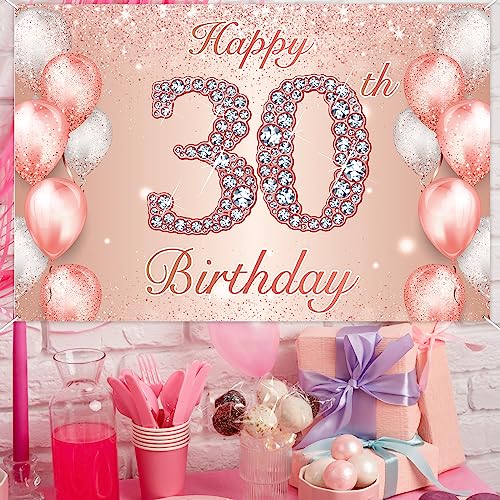 Image of Happy 30th Birthday Rose Gold Banner Cheers to 30 Years Old Backdrop Confetti Balloons Theme Decor for Women 30 Years Old Pink Birthday Party Decorations Bday Supplies Background Favors Gift Glitter