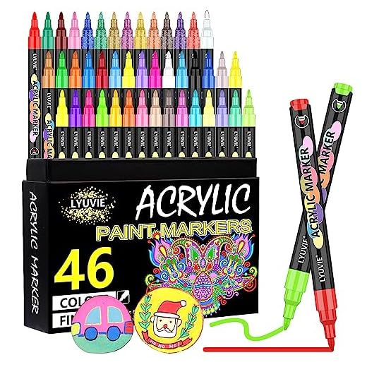 Lyuvie Rotuladores Acrilicos,46 Colores Rotuladores Pintura Acrilica para Pintar Piedras Tela Vidrio Guijarros Metal Cerámica,Rotuladores Acrilicos Permanentes con 0.7mm Punta Extra Fina