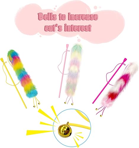 Miniatura 5 de Paquete de 3 juguetes de varita para gatos, juguetes de plumas de gato arcoíris con campanas, varita teaser con cola peluda suave, juguetes