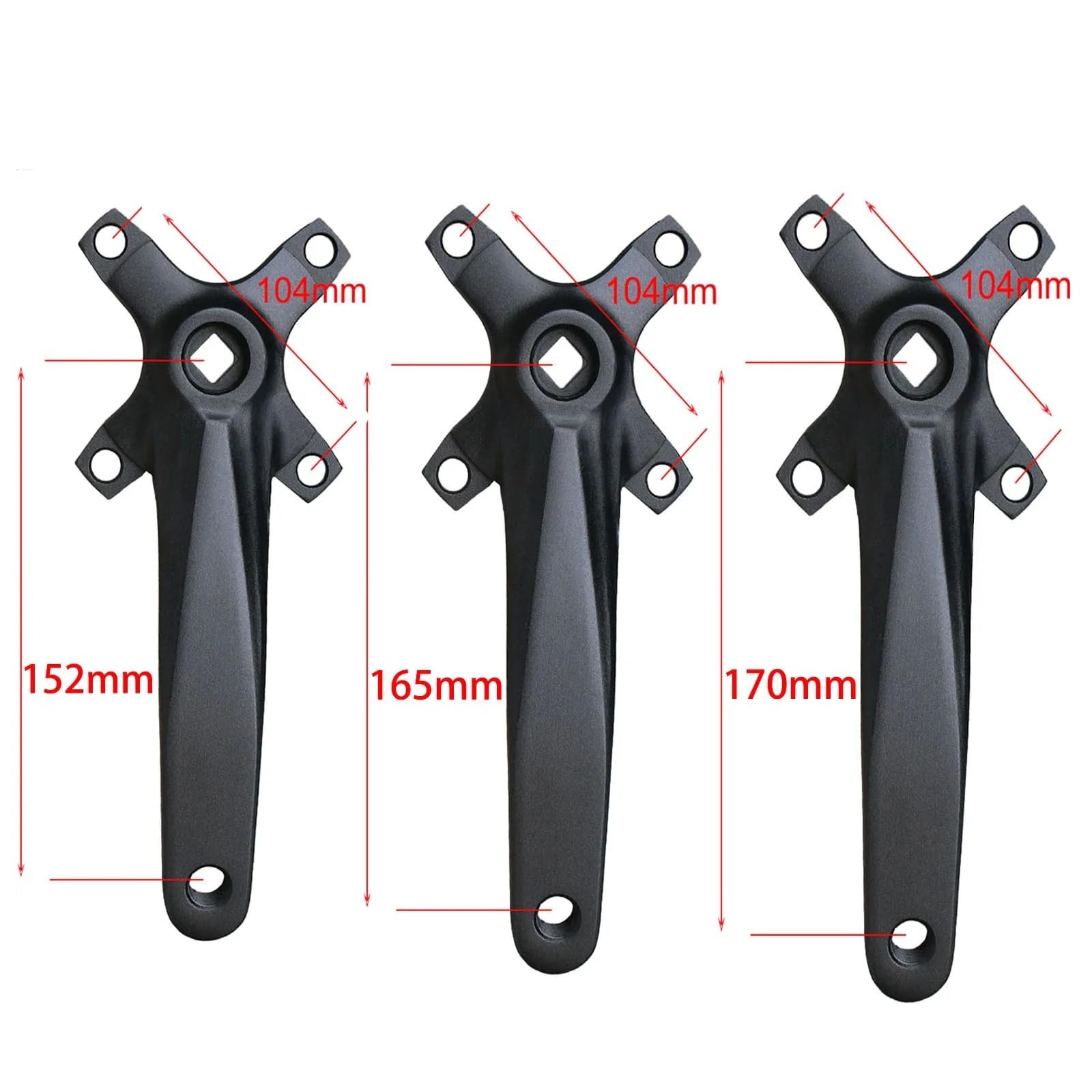 Juego de bielas MTB Black 104BCD con piñón de Orificio Cuadrado 32-42T - Brazos de biela de 152/165/170 mm, Plato Estrecho y ancho/589