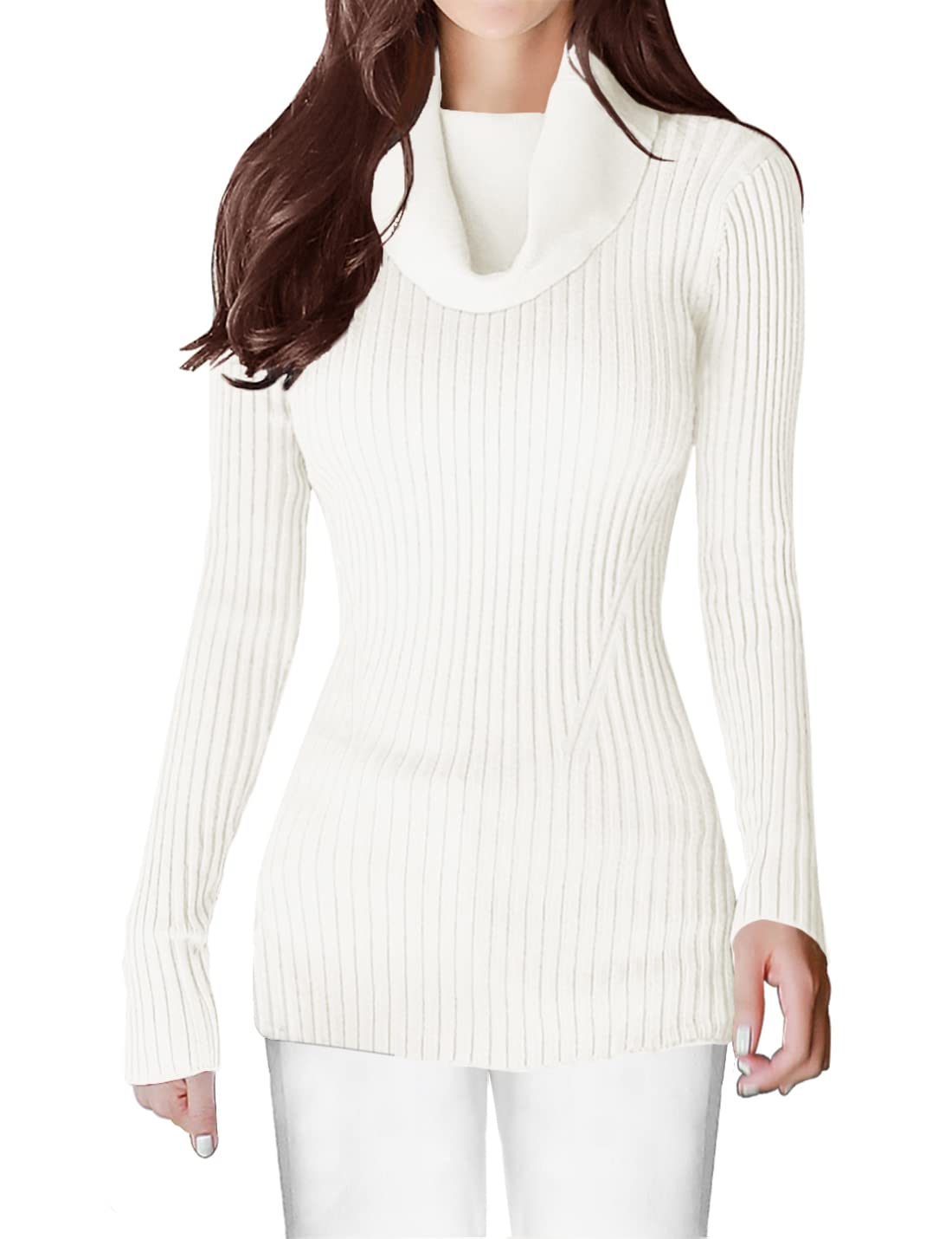 v28 Women Stretchable Cowl Neck Knit Long Sleeve Slim Fit Bodycon Sweater - White -