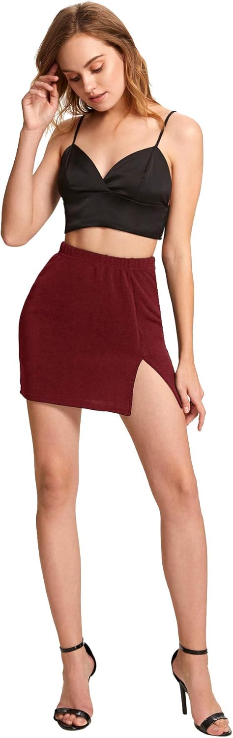 Floerns Women's Floral Print Bodycon Split Mini Skirt Burgundy Pure S