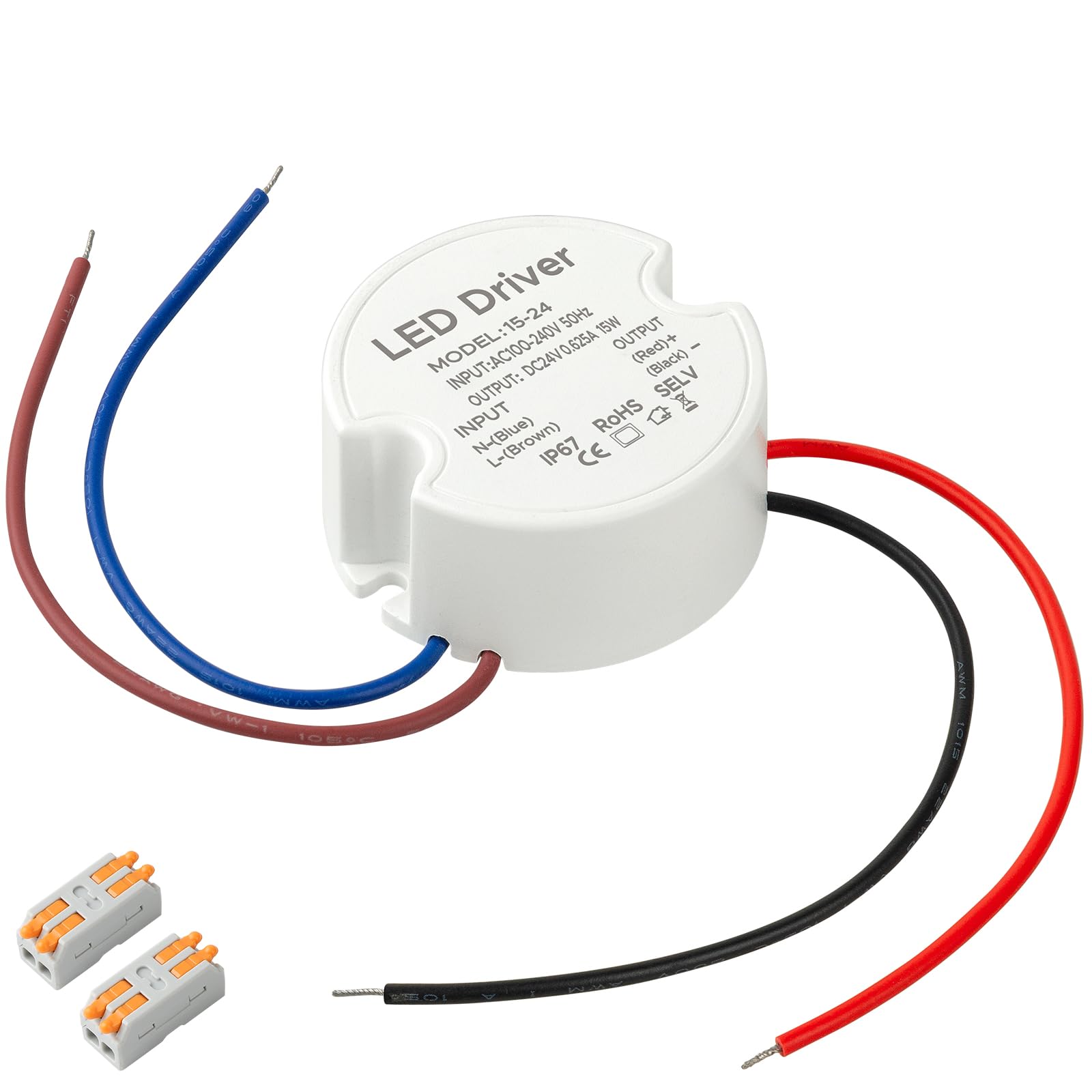 LED Driver 15 Watts Waterproof IP67, LED Power Supply 24V 0.62A， Round LED Transformer AC 120V to DC 24V for Indoor and Outdoor LED Lighting