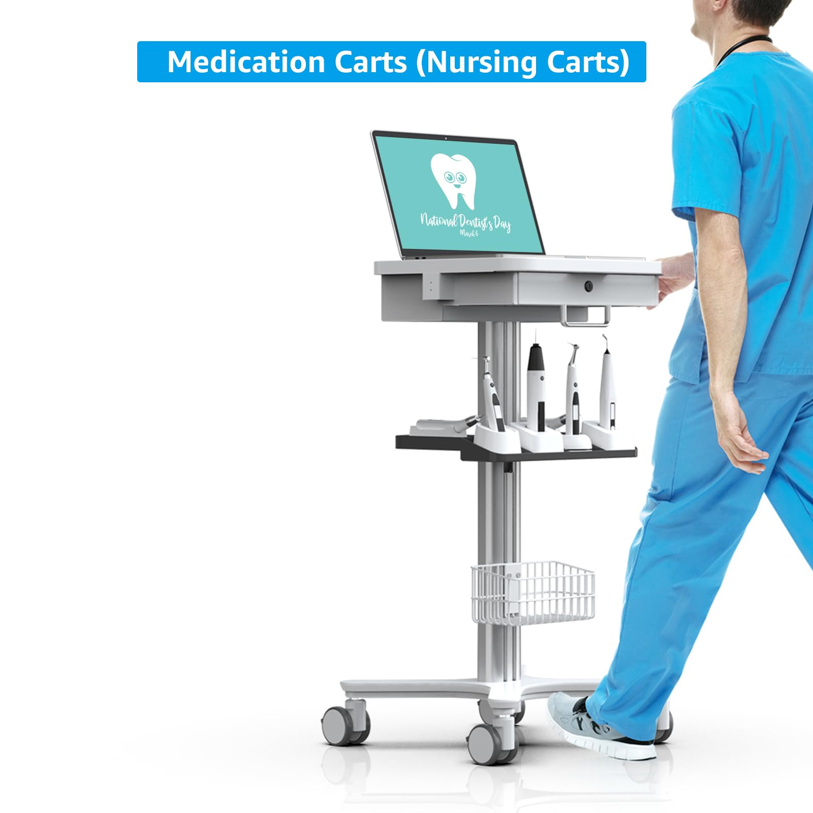 Medizinischer Wagen mit Laptop-Palette und Oral-Scanner-Halter, mobiler medizinischer Rollwagen, Zahnklinik-Wagen, Stationen mit Rädern für Krankenhaus-Schönheitssalon (RC-1)