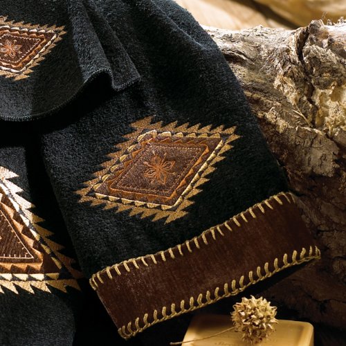 BLACK FOREST DECOR Mojave Black Hand Towel – Southwest Embroidered 100% Cotton Bath Towel with Blanket Stitch Trim, 15" W x 30" H