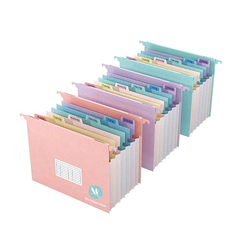 Expanding Hanging File Folders for Filing Cabinet, 7 Accordion Pockets, 1.2'' Expandable, Multi-Color Tabs, Letter Size, 50% Wheat Straw, 3 Pack (Assorted Pastel)