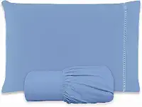Jogo de Lençol SOLTEIRO 2 Peças 100% Algodão 200 Fios Lençol Com Elastico Lençol e Fronha Com PONTO PALITO (AZUL, SOLTEIRO 2 PEÇAS)