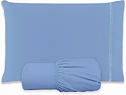 Jogo de Lençol SOLTEIRO 2 Peças 100% Algodão 200 Fios Lençol Com Elastico Lençol e Fronha Com PONTO PALITO (AZUL, SOLTEIRO 2 PEÇAS)