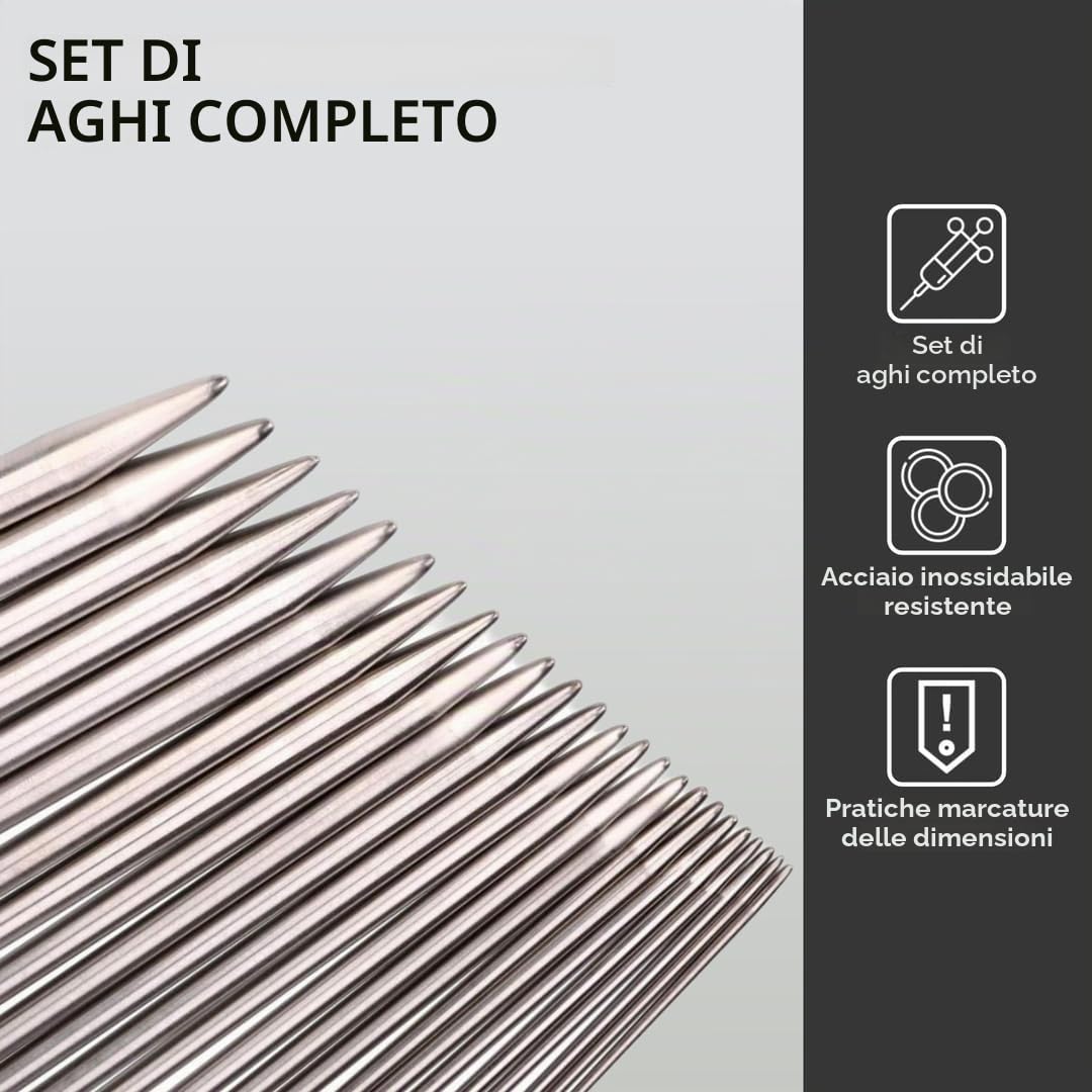 H&S® - Set da 11 paia di ferri da maglia in acciaio inox a punta singola (36 cm) 2,0mm, 2,5mm 3,0mm 3,5mm 4,0mm 4,5mm 5,0mm 5,5mm 6,0mm 7,0mm 8,0mm, con custodia