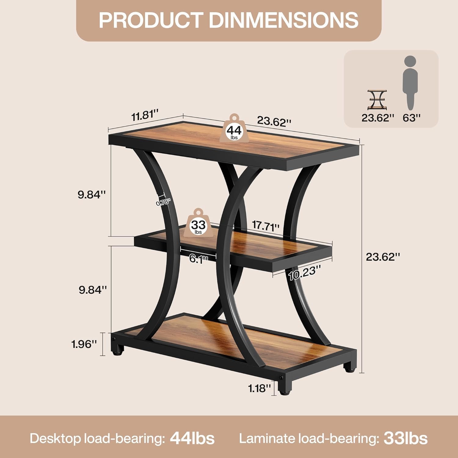 Tribesigns Mesa Auxiliar con Espacio de Almacenamiento, Mesa Auxiliar de 3 Niveles con diseño geométrico de Metal, mesita de Noche Industrial para Espacios pequeños, salón, Dormitorio, Estudio