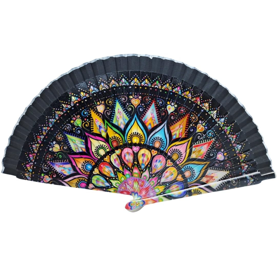 Abanicos de Madera con Dibujo Estampado. Precioso Abanico de Madera con Funda Fabricada en España. Incluye Pulsera de Ojo de Tigre y Volcánica en Colores a Juego (Mandala Ágata)