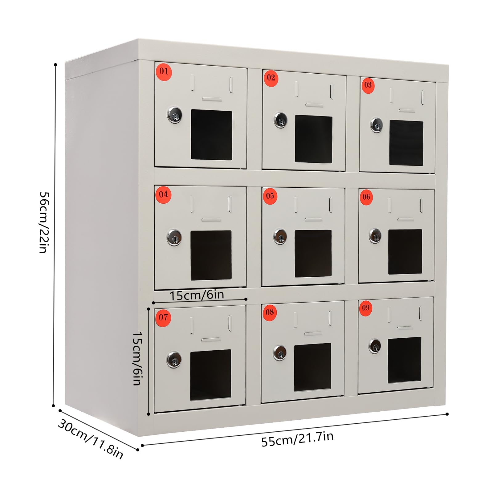 9 Doors Storage Locker, Tablet & Cell Phone Locker with a Five-Hole Socket Spare Key & Visible Window Metal Storage Lockers for Office Gym Shool Employees Staff - 6