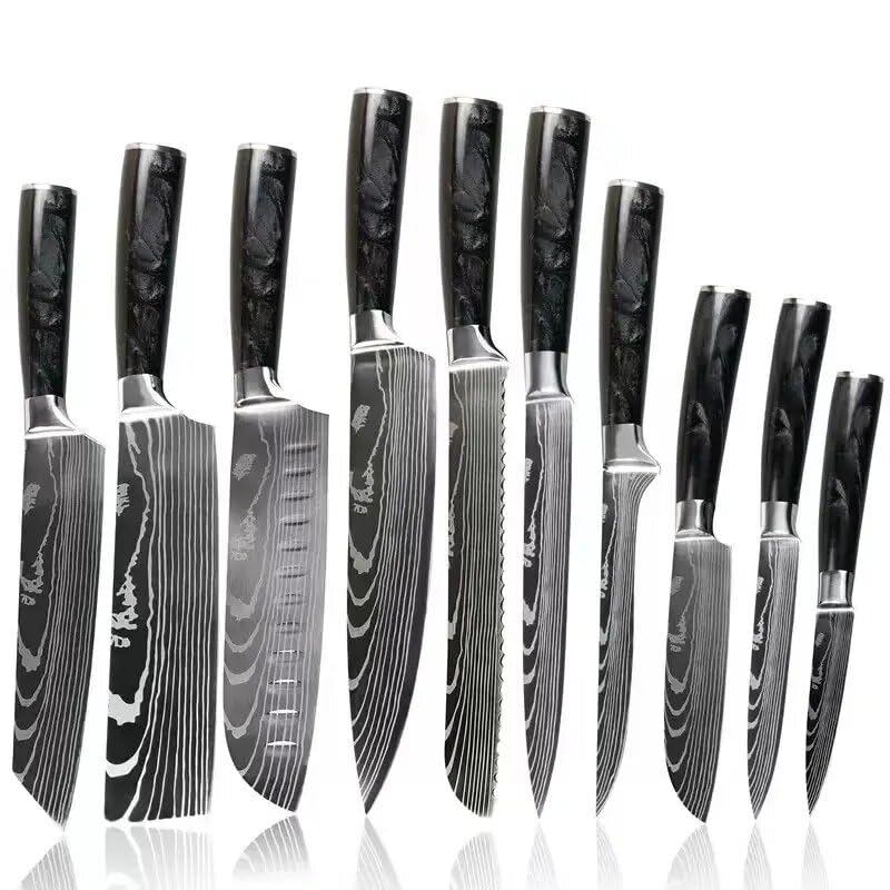 MM Kitchen Knife Set, 10pcs Professional VG 10 Damascus Stainless Steel Laser Pattern Sharp Blades with Resin Ergonomic Handle, For Home and Restaurant Kitchen, Professional Chef Knife
