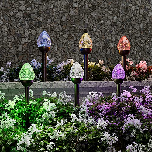 Gigalumi Solar Lights Outdoor, Cracked Glass Flame Shaped Solar Garden Lights, Cold White/Color Changing Lights Outdoor, Garden Led Lights For Patio, Yard, 3 Pack Solar Garden Lights Outdoor Pathway #TOP5