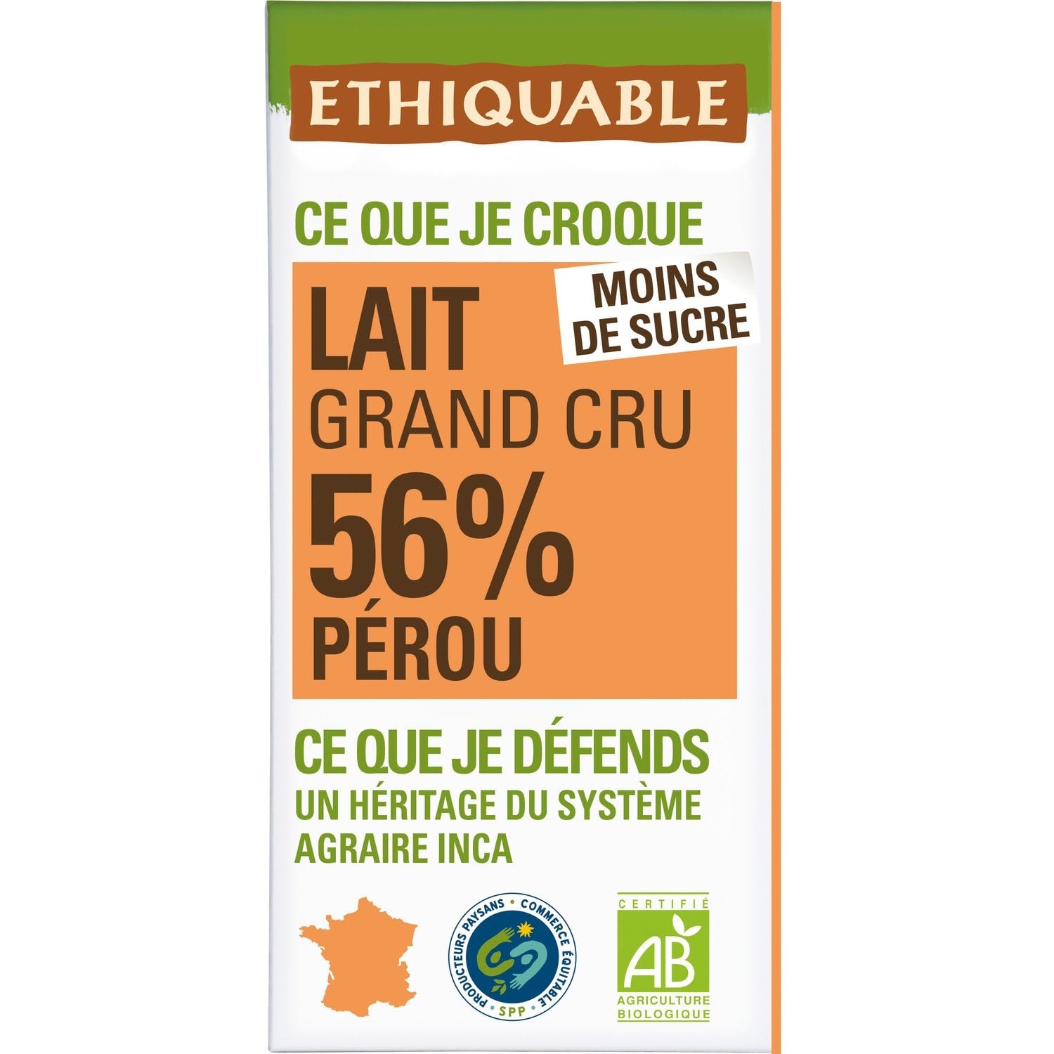 Tablette De Chocolat Au Lait 56% Cacao Pérou Bio ETHIQUABLE - la tablette de 100g Lot De 4 - Par Lot