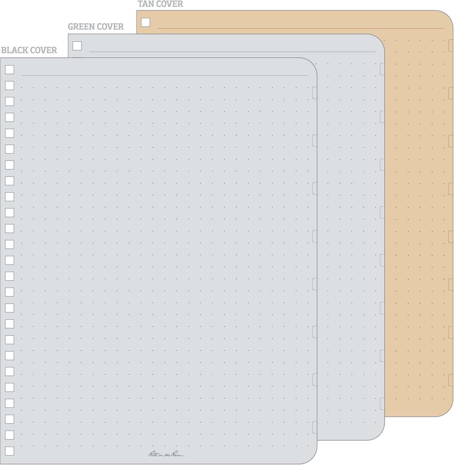 Rite in the Rain Weatherproof Side Spiral Notebook, 6.625" x 8.5", Black, Tan, and Green Covers, Dot Grid Pattern, 3 Pack (No. TAC3DG-LG)