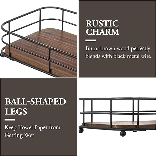 Miniatura 3 de MyGift Toallero de papel plegado para baño, alambre de metal negro mate y madera maciza rústica marrón oscuro, accesorios de baño, bandeja de tocador