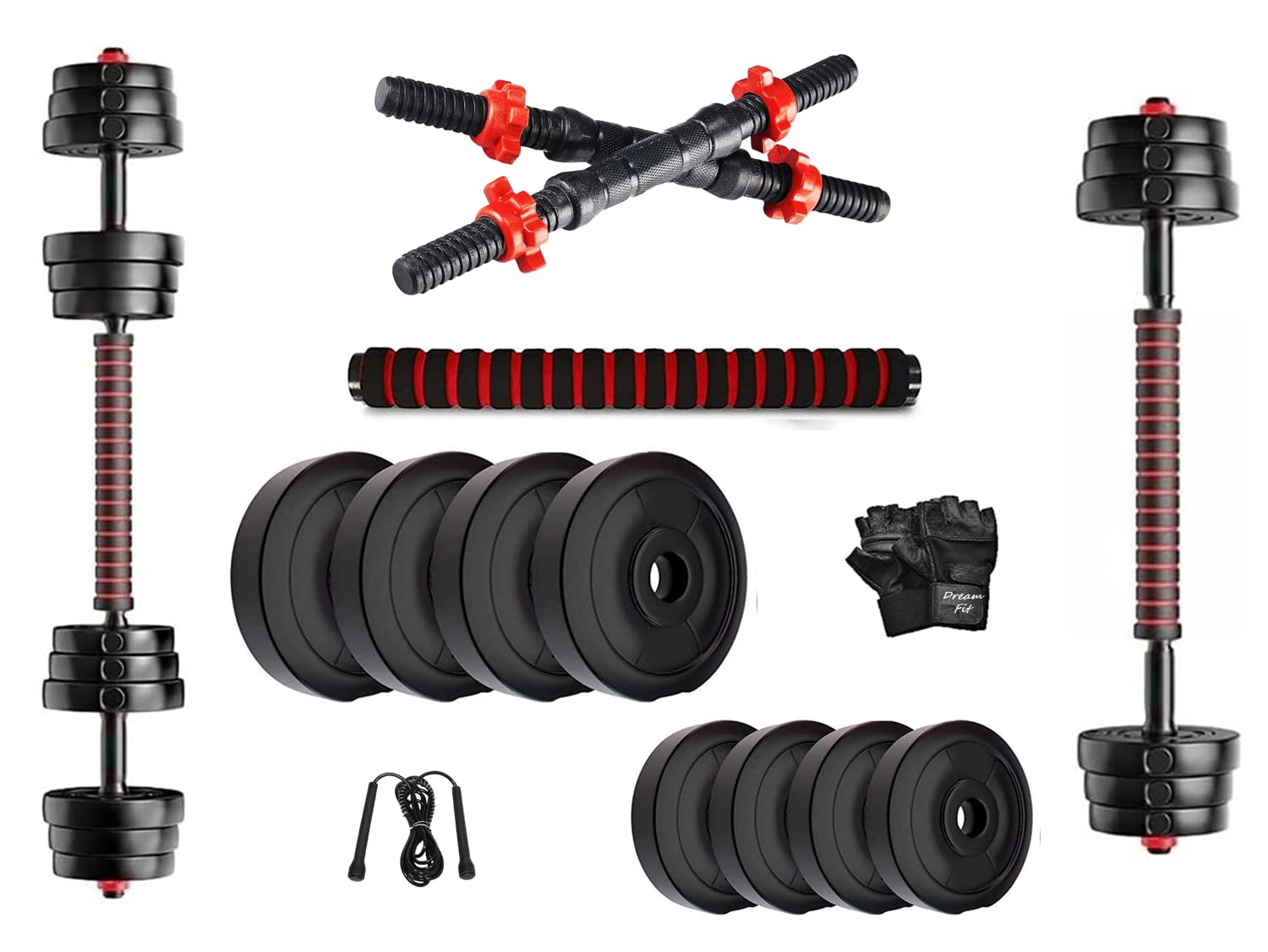 DREAM FIT Convertible PVC Home Gym Set - 20Kg with 1 Pair Dumbbell rods, 1 Extension/Connector Barbell Rod and Gym Accessories (20Kg Set)-image-15