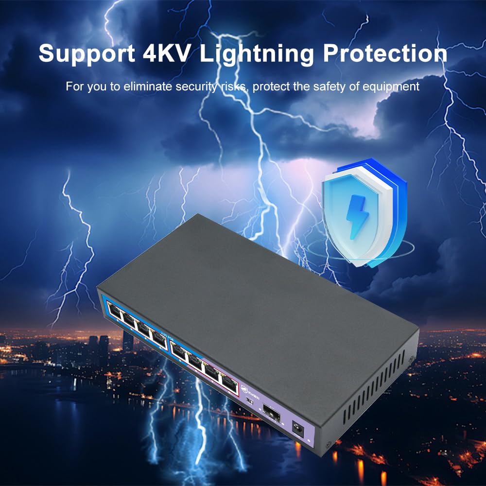 KuWFi HG0801-P Switch POE 2.5 Gigabit 8 Ports, 1 SFP Port 10G, 60Gbps 8 Ports Ethernet 2.5G, Plug & Play, Desktop oder Wand, ideal für IP/AP WiFi Überwachung, Büro, Schule, Krankenhaus