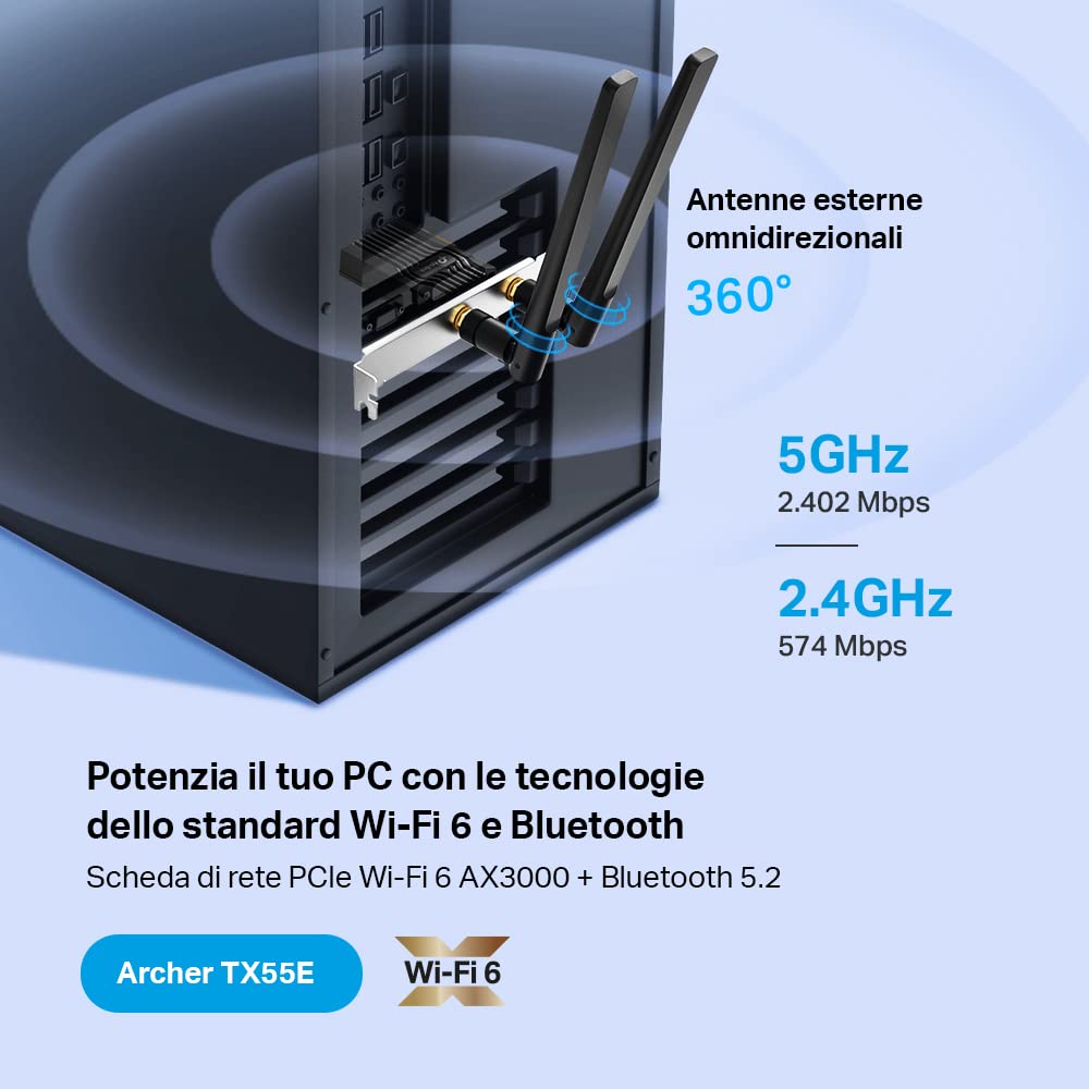 TP-Link Archer TX55E Scheda Wi-Fi PCI Express Wi-Fi 6 AX3000 Bluetooth 5.2 PCIe