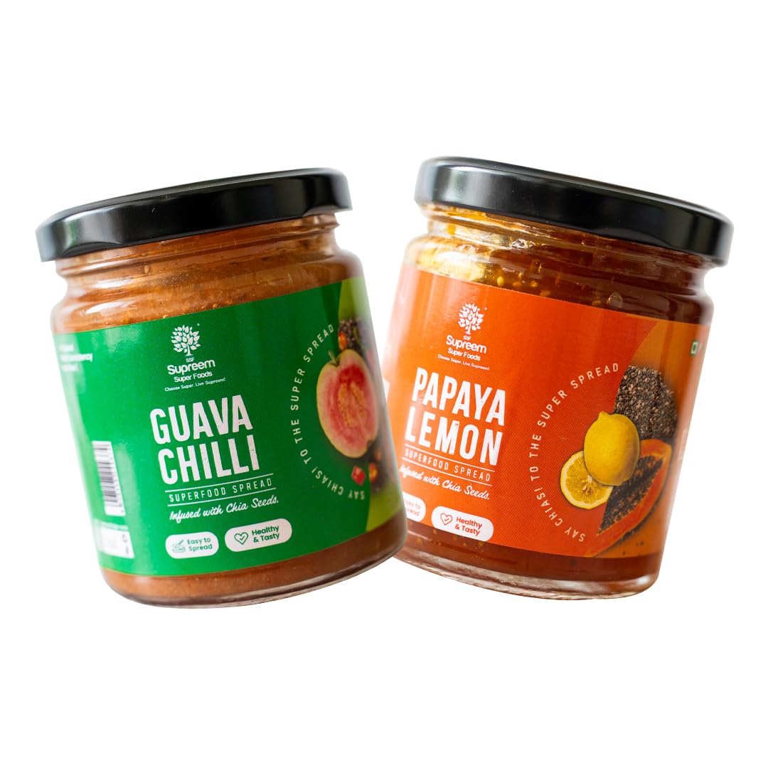 Supreem Super Foods Normalife™ Guava Chilli & Papaya Lemon Combo | Healthy Fruit Spread | Sulphar Free Sugar |Chia Seeds | 100% Vegan | Natural Flavors with Real Fruits | Iron & Omega 3 |200g each (B0D871M3Z9) Amazon Price History, Amazon Price Tracker