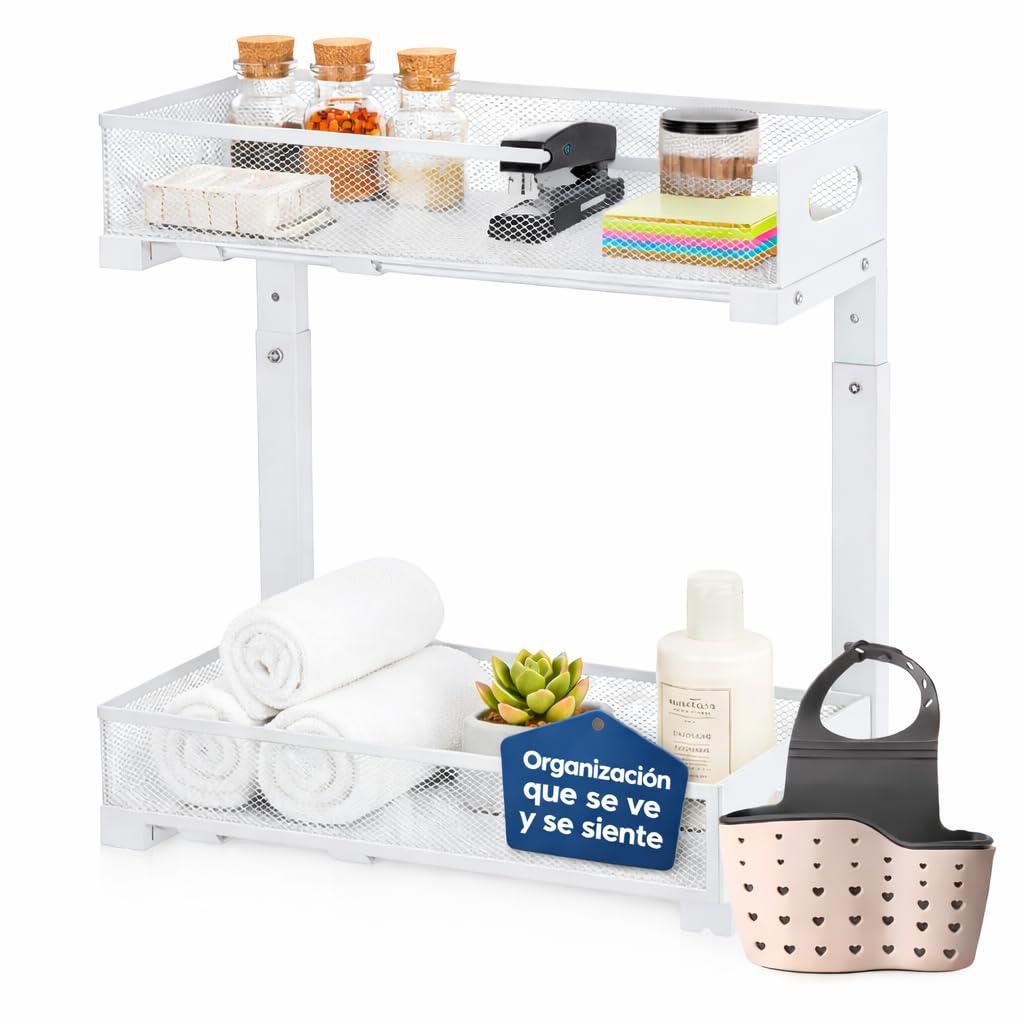 MARFRAND Organizador Bajo Fregadero. Organizador Armario Cocina. Bandeja Extraible Armario. Con accesorios anti vuelco. Incluye Colgador para Esponja de Cocina para Fregadero.
