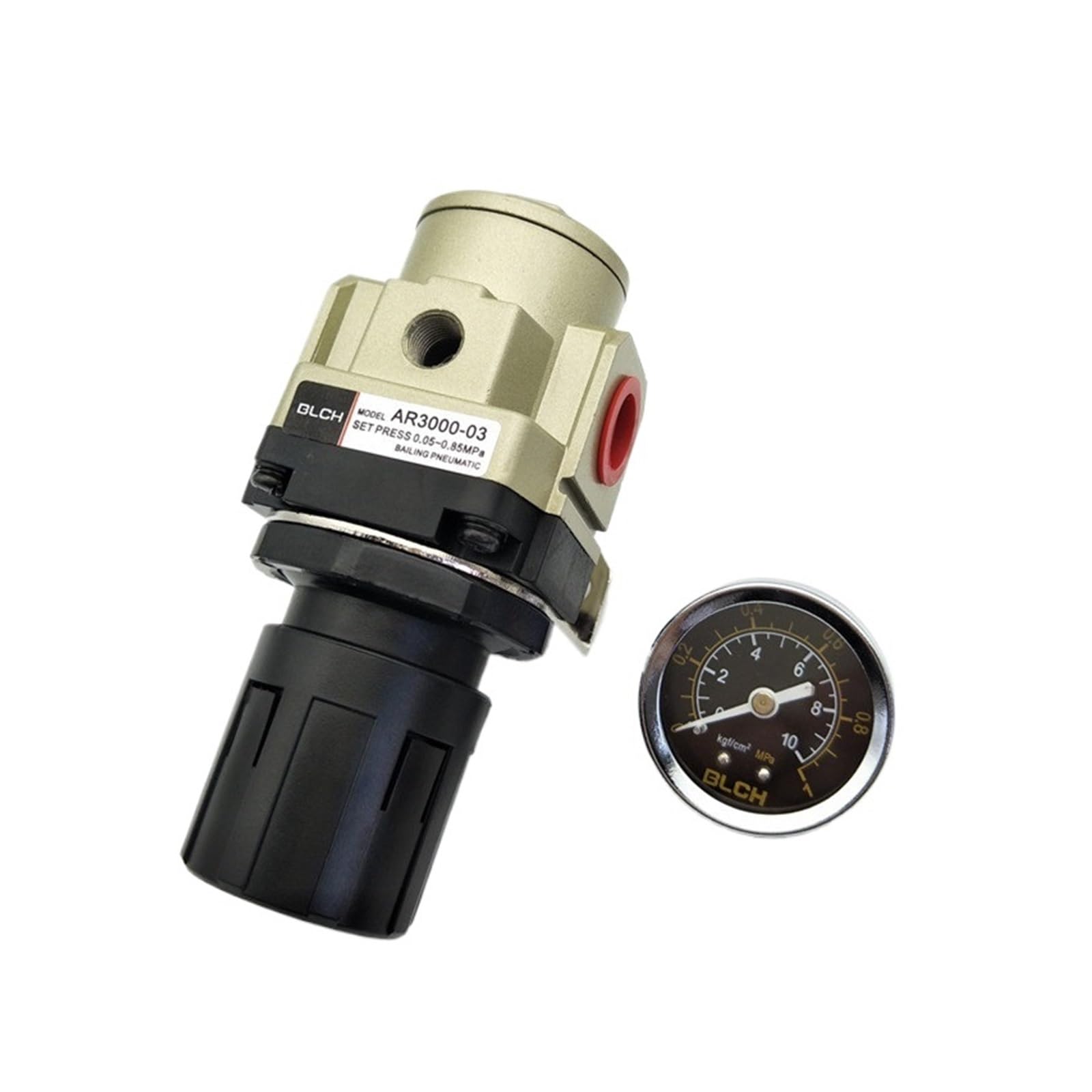 AR3000-03 Válvula reguladora de presión de rosca PT de 3/8 "regulador de filtro neumático de aire con manómetro ajustable de 0-1MPa Toda la estructura es simple y compacta.