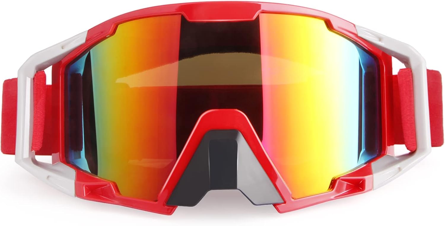 Motorcycle Motocross Goggles Off Road Dirt Bike ATV UV Protection Motorbike Dustproof Riding Racing Helmet Goggle UTV MX Goggles Glasses for Men Women Youth Kids - Red White Frame + Color1 Lens